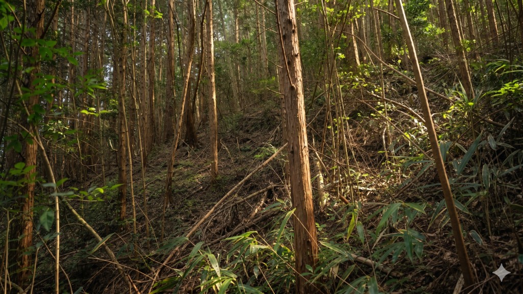 斜面に密集した杉などの樹木と落ち葉・下草が広がる山林。搬出経路が取りにくい立地の現地写真